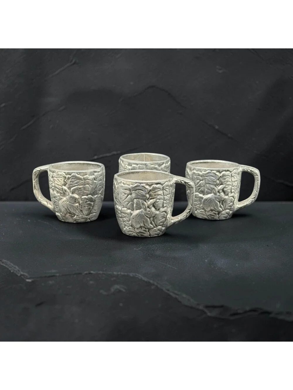 Rare Vintage 1991 CBK Ltd Bunny Rabbit Aluminum Cups Set of 4 Embossed Leaves 3